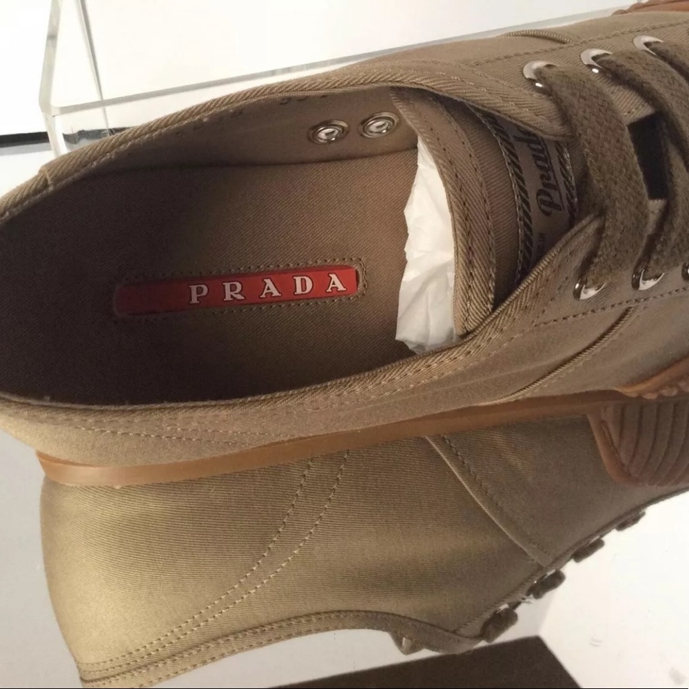 Prada New Sz.35.5 Gaberdine Khaki Lace up Sneaker - Picture 13 of 14
